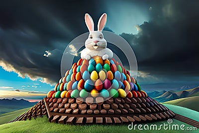 Fat Easter Bunny On A Pile Of Colourful Easter Eggs Eating Chocolate Eggs. Generative AI Stock Photo