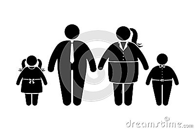 Fat family stick figure vector icon set. Obese people, children couple black and white flat style pictogram Vector Illustration