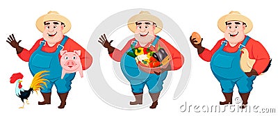 Fat farmer, agronomist, set of three poses Vector Illustration