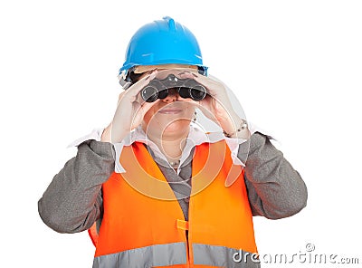 Fat female architect or engineer using binoculars Stock Photo