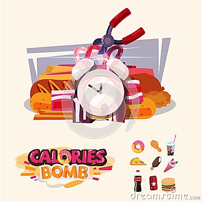 fat foods as a time bomb with Pliers for Cutting A Wire. unhealthy and dangerous food concept. calories - vector Cartoon Illustration