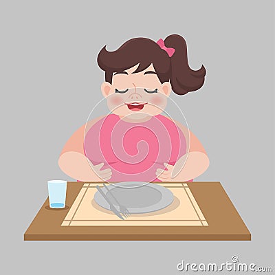 Fat full woman with empty dirty plate after eaten Vector Illustration