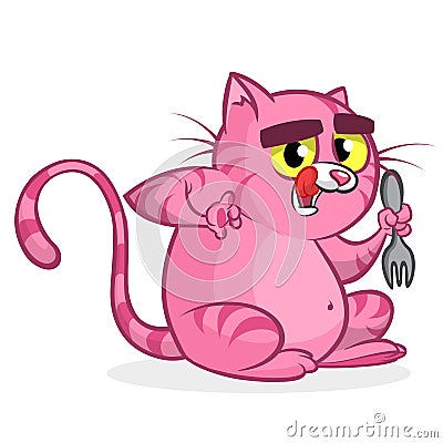 Fat funny cat with yellow eyes holding fork. Vector cartoon Vector Illustration
