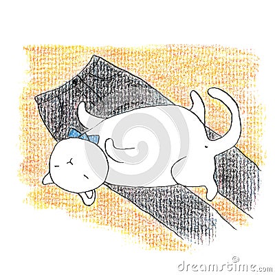Fat funny white cat lying on the black trousers Cartoon Illustration