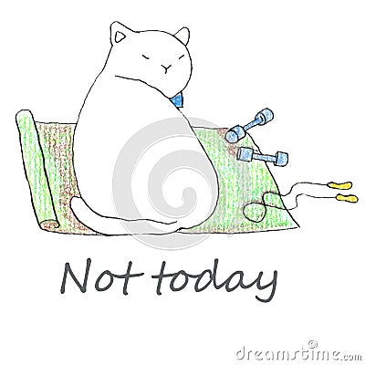 Fat funny white cat sitting with fitness accessories Cartoon Illustration