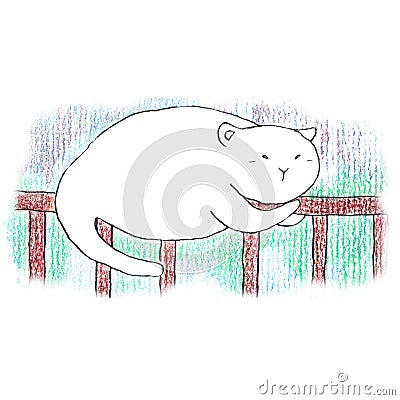 Fat funny white cat sleeping on the brown fence Cartoon Illustration