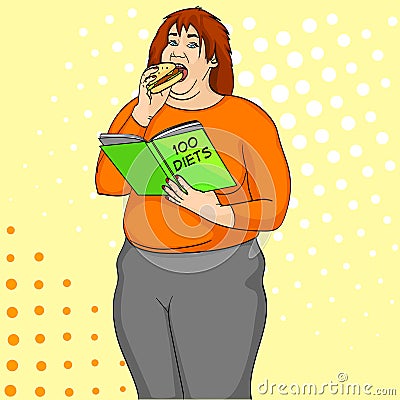 Fat girl eat burger and reads book about how to lose weight pop art retro vector. Comic book style imitation. Vector Illustration