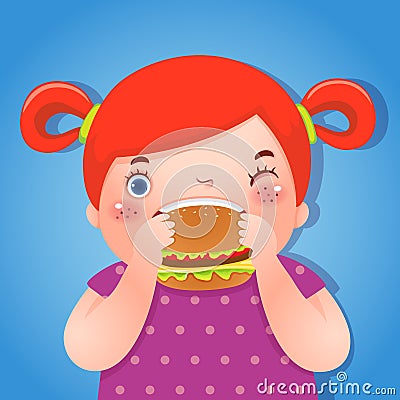 A fat girl eating delicious hamburger Vector Illustration