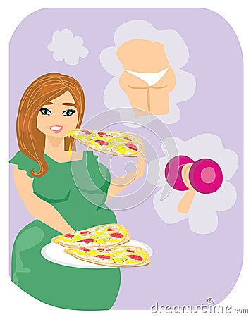 Fat girl eating fattening pizza Vector Illustration