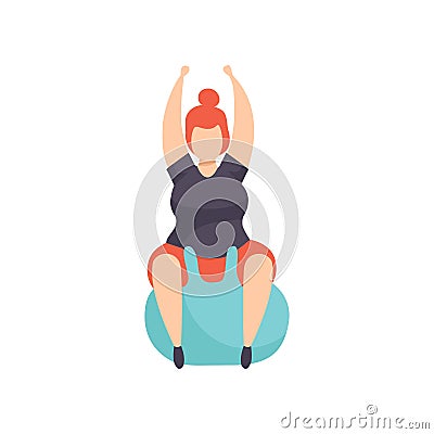 Fat girl exercising on a fitbal, obesity woman wearing sports uniform doing fitness exercise, weight loss program Vector Illustration