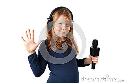 Fat girl singing song into microphone. Young star, looking for talents Stock Photo