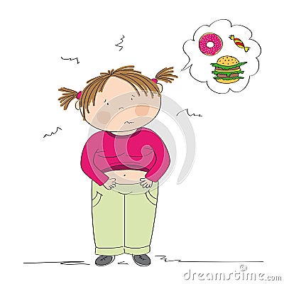 Fat girl suffering from stomach ache after she has eaten too much Vector Illustration