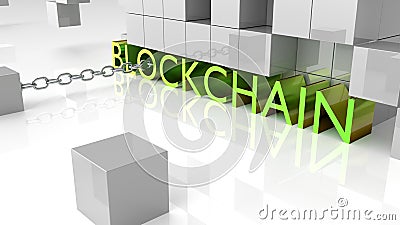 Fat green metallic letters showing the word blockchain surrounded by grey reflecting cubes Cartoon Illustration