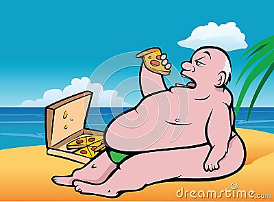 Fat guy beach pizza Vector Illustration