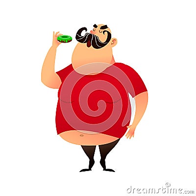 Fat guy takes a bite of a donut. Funny cartoon obesity man in a T-shirt with a naked belly. Puffy mustachioed big happy Vector Illustration