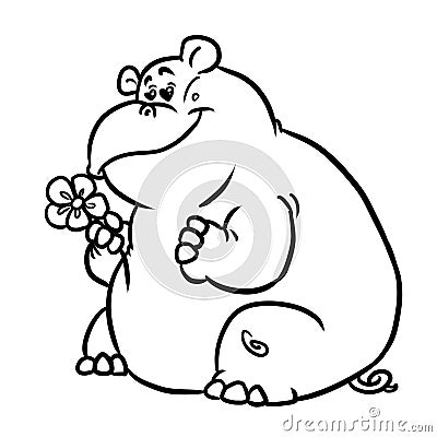 Fat hippo looking small flower postcard illustration isolated image coloring cartoon Cartoon Illustration