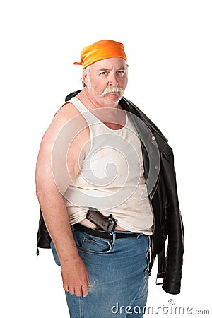 Fat hoodlum with pistol and bandana Stock Photo