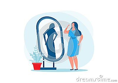 Fat lady in blue dress looking at mirror fit reflection. Vector isolated illustration Vector Illustration