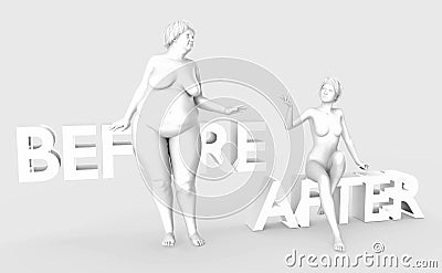 Fat lady and slim diet women. Unhealthy and healthy lifestyle people on light grey background. Lettering Before and After Cartoon Illustration