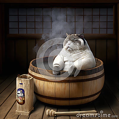 Fat lazy japanese cat takes hot bath in Japanese Wooden bath tub Stock Photo