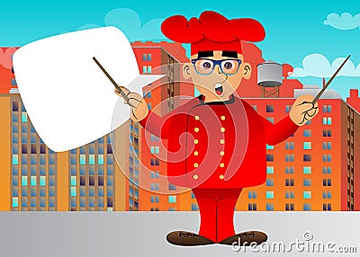 Cartoon chef in uniform as an orchestra conductor. Vector Illustration