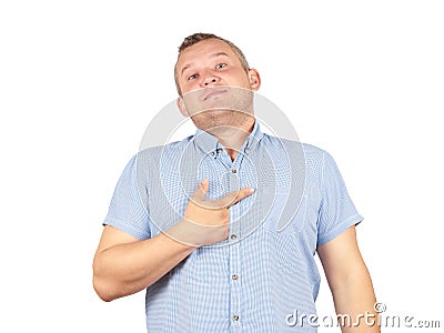 Fat man arrogant bold self important stuck. Stock Photo