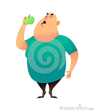 A fat man bites an apple. Useful habits and healthy eating concept. The fatty guy dreams of losing weight and chooses a Vector Illustration