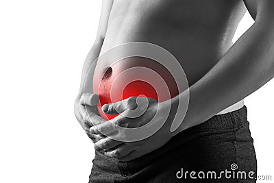 Fat man with bloating and abdominal pain, overweight male body isolated on white background Stock Photo