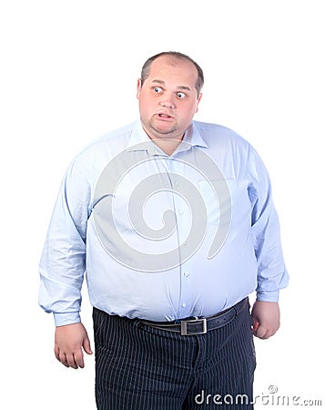 Fat Man in a Blue Shirt, Contorts Antics Stock Photo