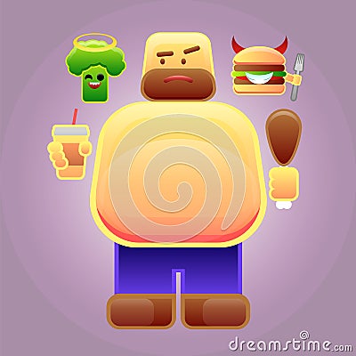 Fat man with burger and broccoli on his shoulders, vector image Vector Illustration
