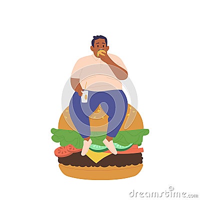 Fat man cartoon character sitting on huge burger eating unhealthy fast food drinking soda beverage Vector Illustration