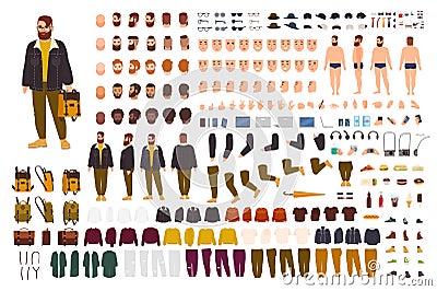 Fat man creation set or DIY kit. Collection of flat cartoon character body parts, face expressions, trendy hipster Vector Illustration