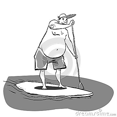 Fat man doing Stand Up Paddling on Paddle Board on Water at Seaside. Vector Illustration