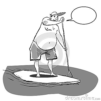 Fat man doing Stand Up Paddling on Paddle Board on Water at Seaside. Vector Illustration