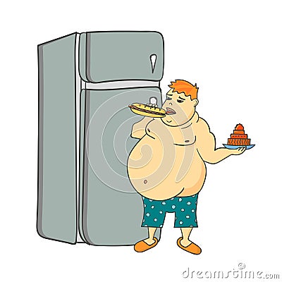 Fat man eating next to fridge Vector Illustration