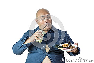 Fat man eating, portrait of overweight person feels hungry and e Stock Photo