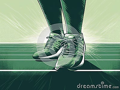 Fat man foot on exercising on a running track green illustration style. Cartoon Illustration