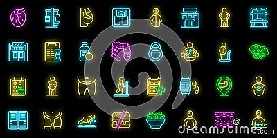 Fat man in the gym icons set vector neon Vector Illustration