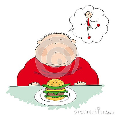 Fat man with hamburger, dreaming about slim figure Vector Illustration