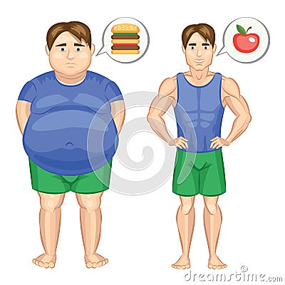 The fat man with hamburger and slim man with apple. Vector Illustration