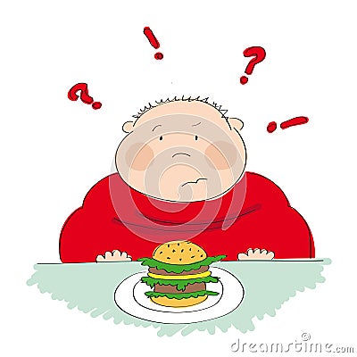 Fat man with hamburger, trying to decide whether to eat it or not Vector Illustration