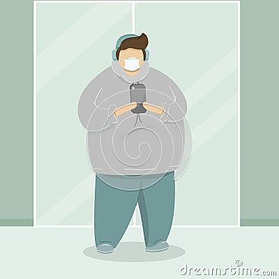 Young plus size man in headphones and medical face mask looks at his mobile phone. Vector Illustration