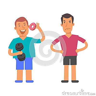 Fat man holding dumbbell and holding sweet donut. Thin man holds his hands at his hips and angry. Vector characters Vector Illustration