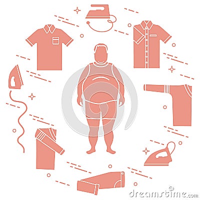 Fat man, irons and different clothes. Vector Illustration