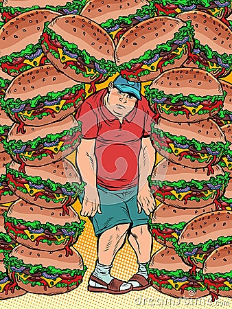 Fat man and lots of burgers. Food addiction, health and excess weight Vector Illustration