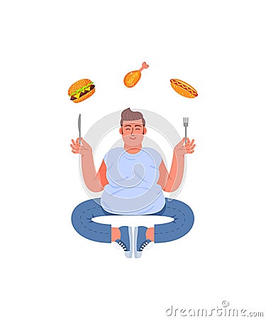 Fat man in a pose of meditation with a fork and a knife in his hands. Fat man and unhealthy food. Burger, hot dog and drumstick Cartoon Illustration