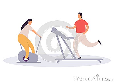 Fat man running on treadmill and fat woman on exercise bicycle. Cartoon character doing cardio training on exercise machine Vector Illustration