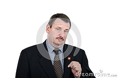 Fat man shows communist pin Stock Photo