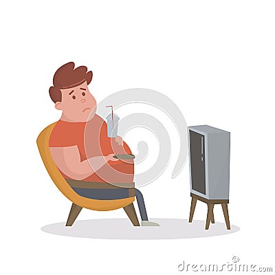 Fat man sitting on the couch and watching TV. Vector Illustration Vector Illustration