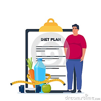 Fat man standing on weigh scales. Diet plan checklist. Healthy food and sports. Vector illustration Vector Illustration